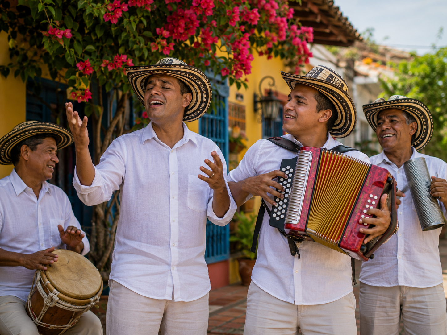 Músicos y bailarinas representando la cultura vallenata de Colombia
