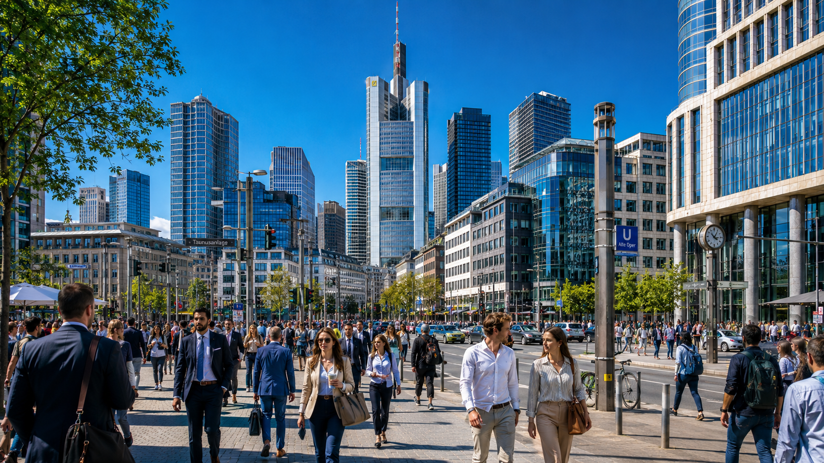 Distrito financiero de Frankfurt con actividad urbana y trabajadores