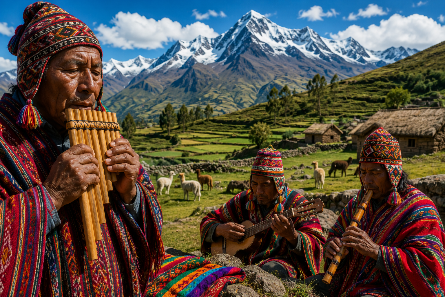 Músicos andinos con instrumentos tradicionales frente a la cordillera