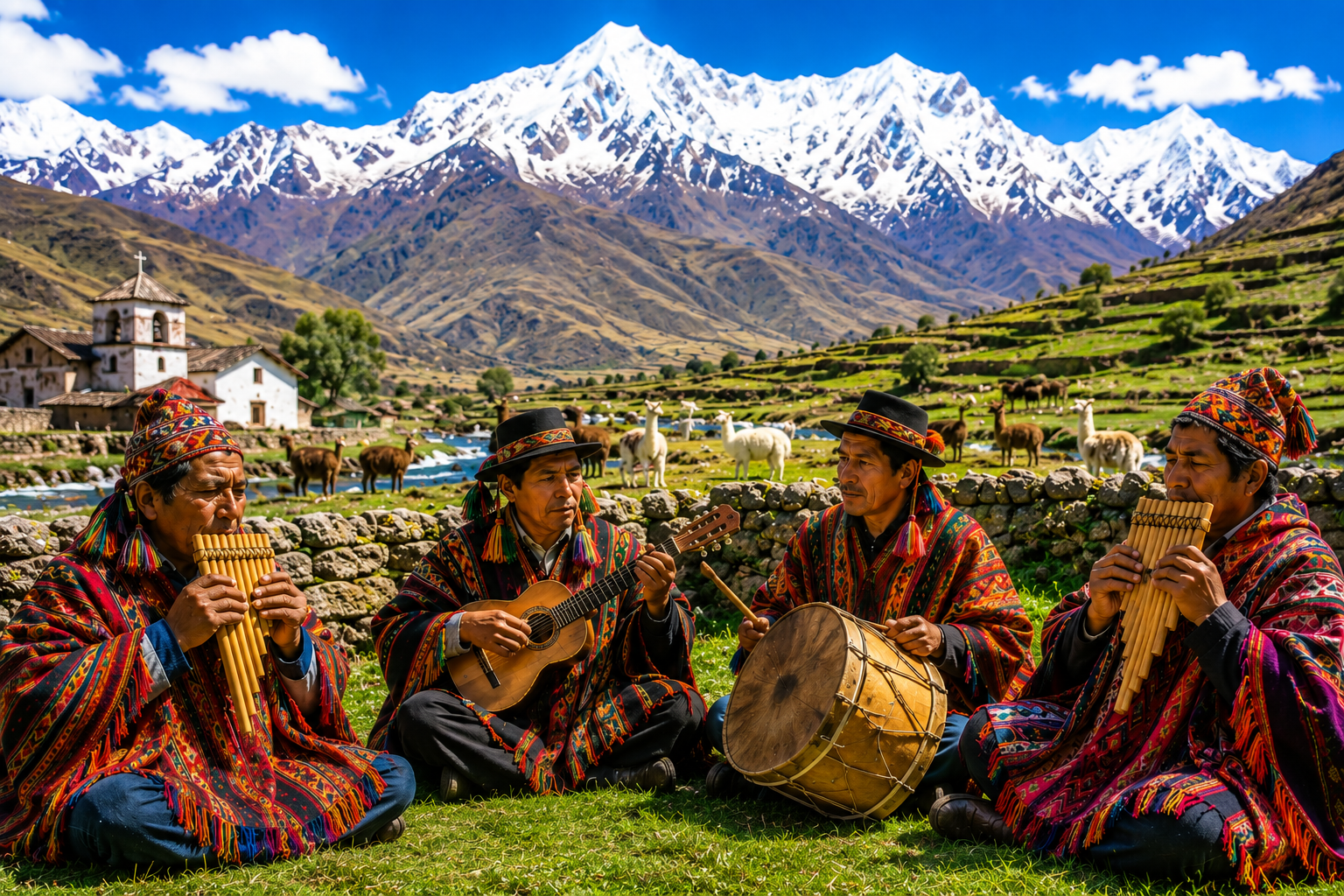 Pueblos y músicos de los Andes en un paisaje de montaña