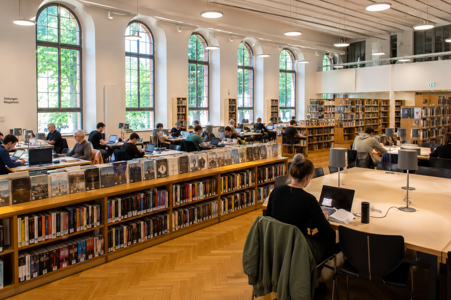 Interior de una biblioteca como espacio cultural y comunitario en Berlín